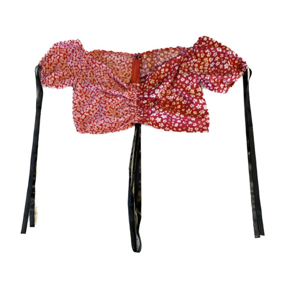 Jeuvre Floral Colorblock Cinched Puff Sleeve Crop Blouse (Red) Size Medium 